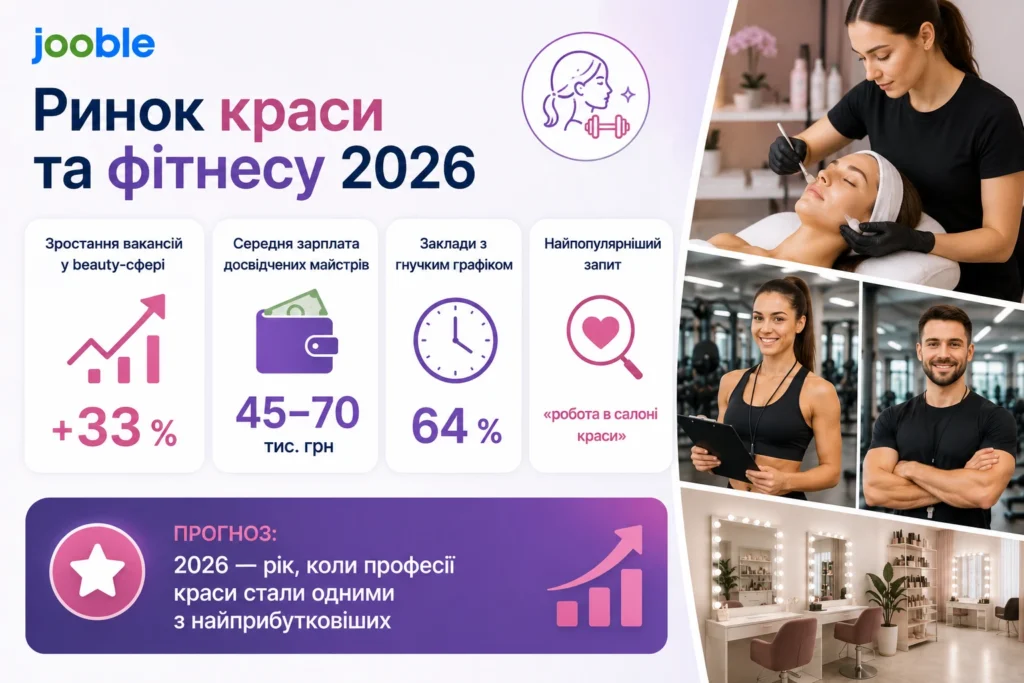 Інфографіка ринку краси та фітнесу 2026 з вакансіями, зарплатами та фото beauty-фахівців